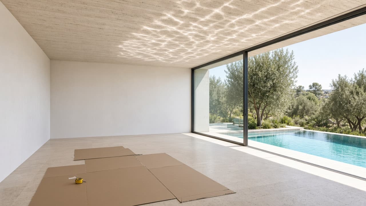 La même pièce, vide, avant le projet. Concept de démonstration. Visualisation 3D, pas une réalisation livrée par HPC FITNESS & WELLNESS.