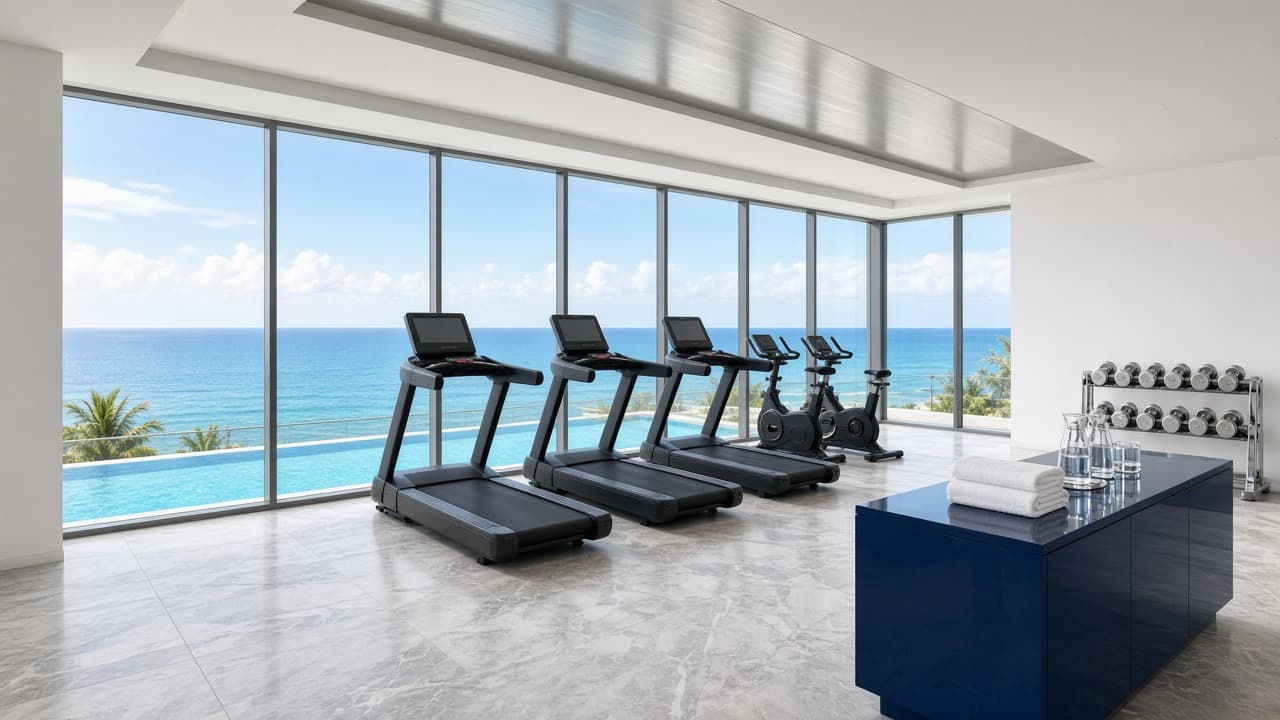Espace fitness d’hôtel face à l’océan. Concept de démonstration. Visualisation 3D, pas une réalisation livrée par HPC FITNESS & WELLNESS.